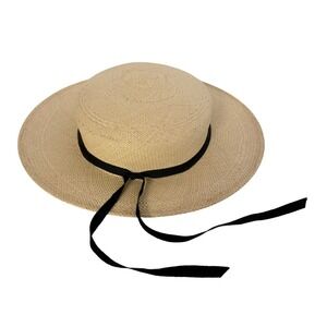 Eileen Carson Straw Boater Hat Black Ribbon Tie Beach Sun Vacation